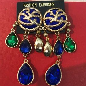 Gold, blue, green dangling earrings